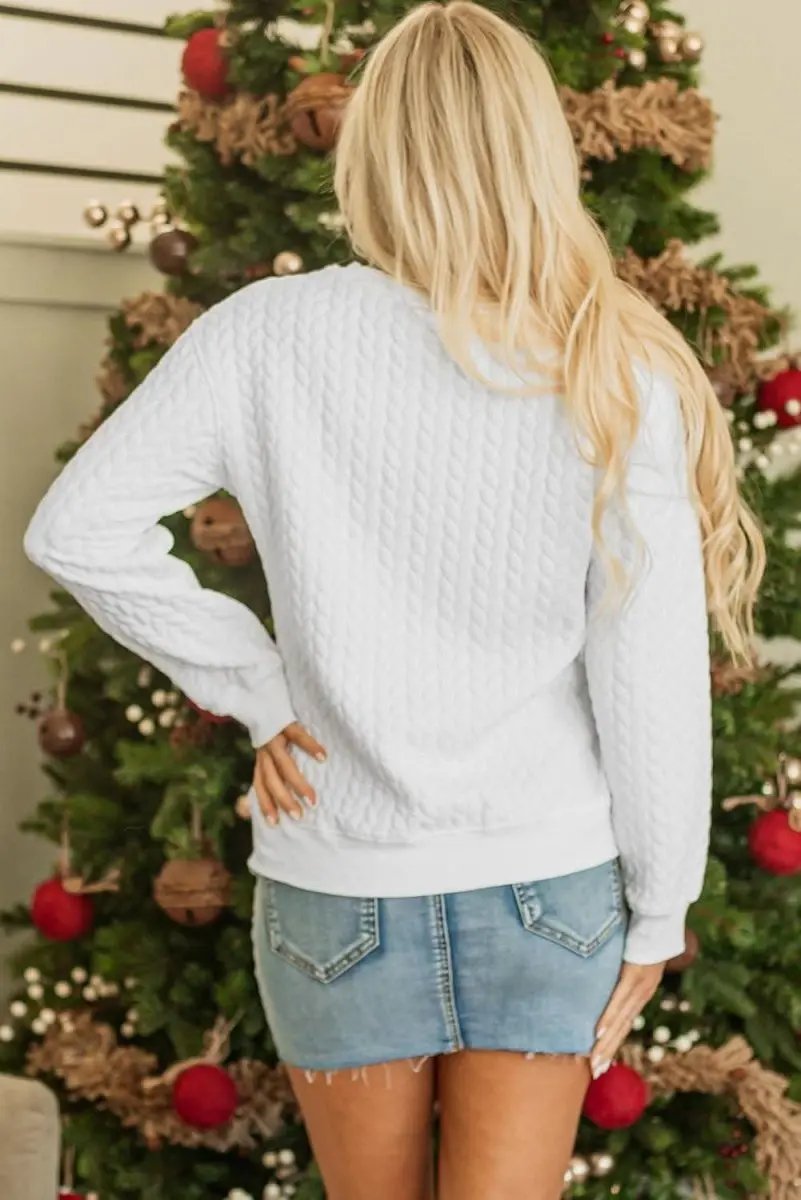 White Merry And Bright Cable Knit Pullover Sweatshirt - Love Salve